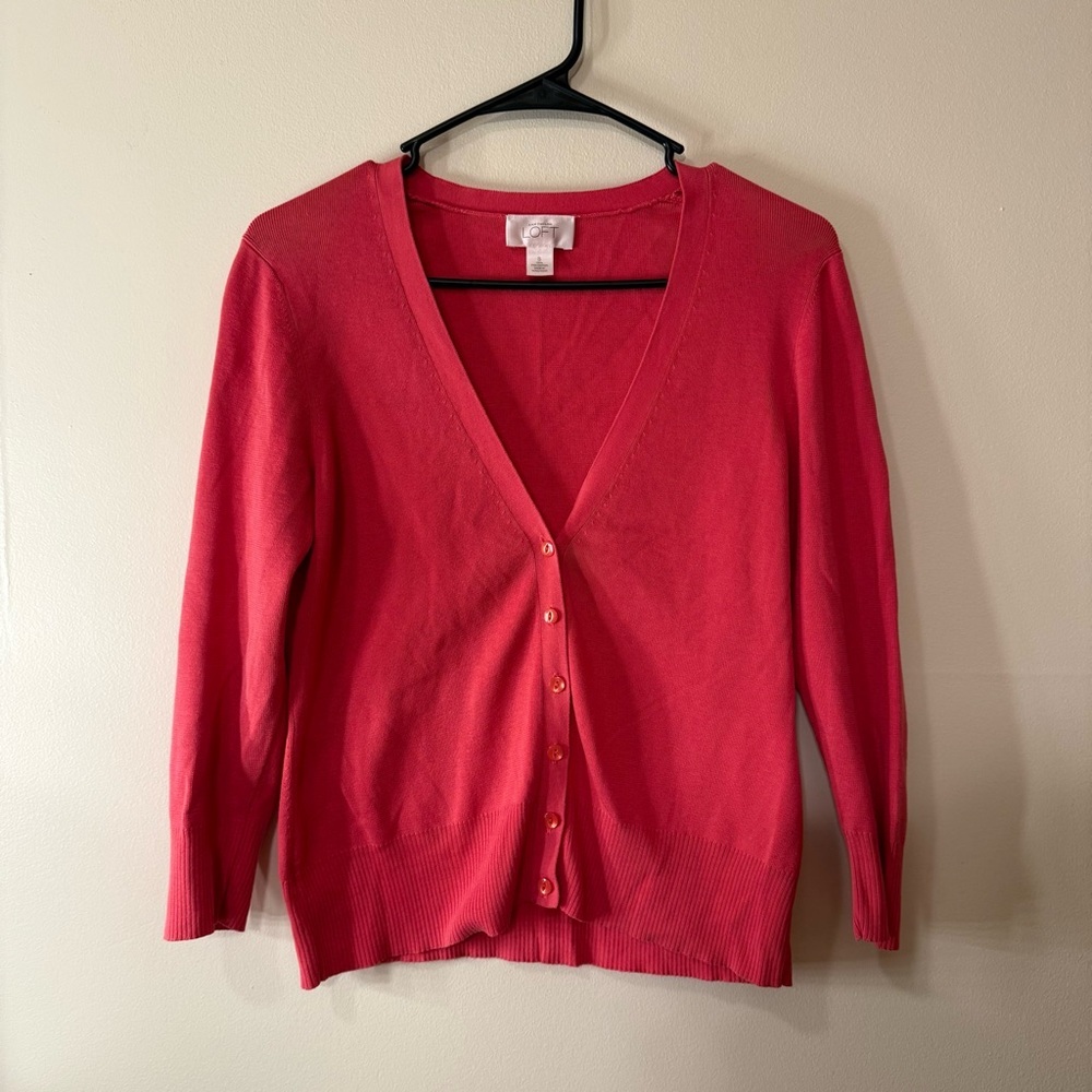 LOFT Coral-Pink V-Neck Button Cardigan